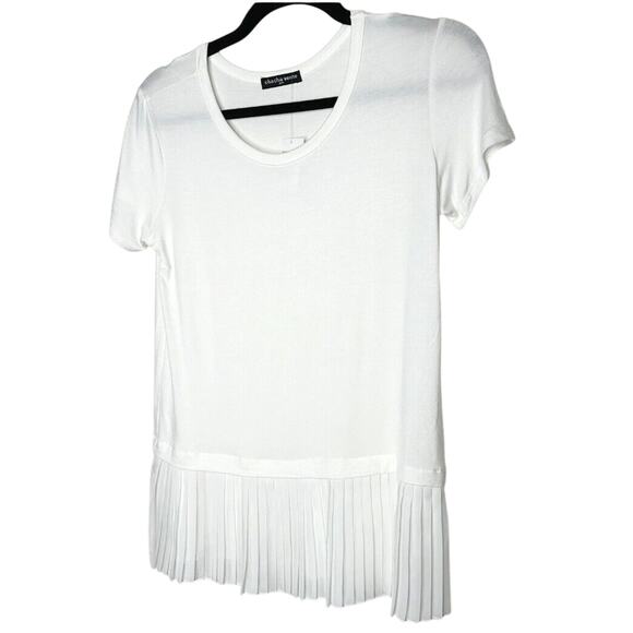 NWT Cha Cha Vente Ivory Sheer Pleated-Hem Short Sleeve Scoop Neck Blouse PM - Picture 1 of 11